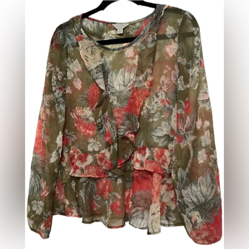 Belle Sky Bohemian Floral Sheer Ruffle Blouse Size Medium